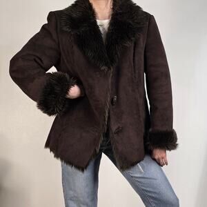 Y2K ESPRIT Brown Penny Lane Coat XL Shaggy Collar Whipstitch Boho Faux Fur